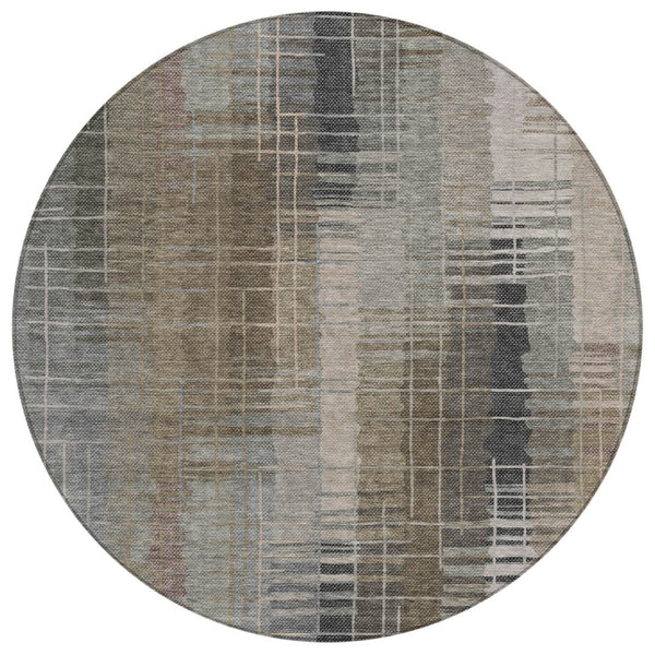 HomeRoots 8' Round Striped Area Rug in Brown and Gray - Washable, Durable, Ideal for Indoor & Outdoor Spaces 640878