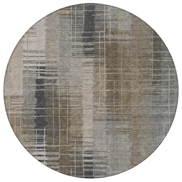 HomeRoots 8' Round Striped Area Rug in Brown and Gray - Washable, Durable, Ideal for Indoor & Outdoor Spaces 640878