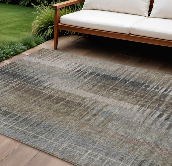 HomeRoots 10' X 14' Brown and Gray Striped Washable Area Rug - Indoor/Outdoor, Stain-Resistant, Durable Design 640881