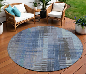 HomeRoots 8' Denim Blue & Sky Blue Round Striped Washable Area Rug – Stylish, Durable, Perfect for Indoors & Outdoors! 640884