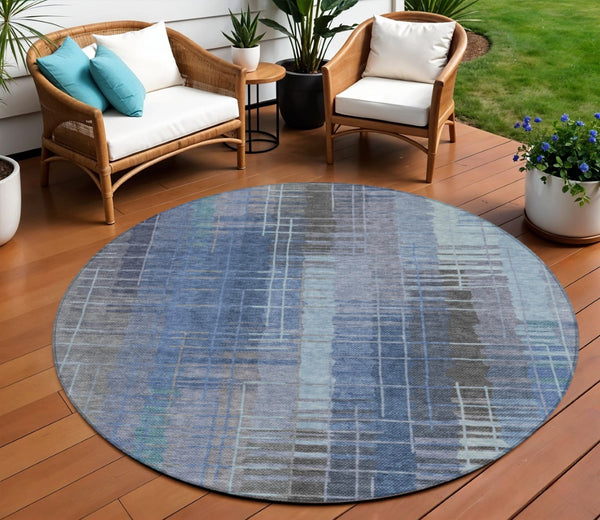 HomeRoots 8' Denim Blue & Sky Blue Round Striped Washable Area Rug – Stylish, Durable, Perfect for Indoors & Outdoors! 640884