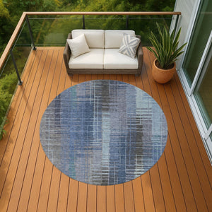 HomeRoots 8' Denim Blue & Sky Blue Round Striped Washable Area Rug – Stylish, Durable, Perfect for Indoors & Outdoors! 640884