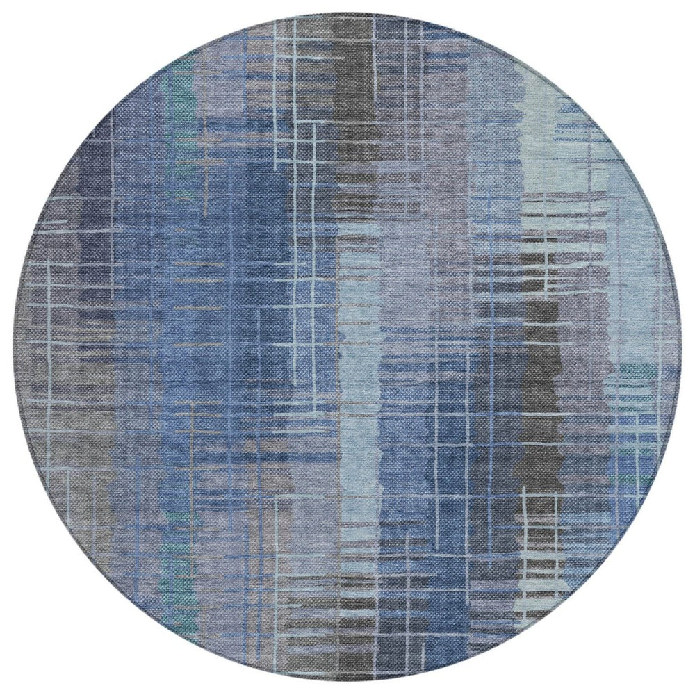 HomeRoots 8' Denim Blue & Sky Blue Round Striped Washable Area Rug – Stylish, Durable, Perfect for Indoors & Outdoors! 640884