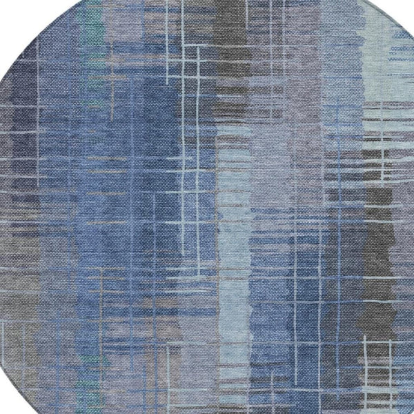 HomeRoots 8' Denim Blue & Sky Blue Round Striped Washable Area Rug – Stylish, Durable, Perfect for Indoors & Outdoors! 640884
