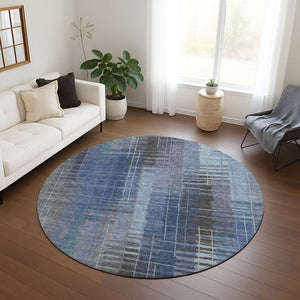 HomeRoots 8' Denim Blue & Sky Blue Round Striped Washable Area Rug – Stylish, Durable, Perfect for Indoors & Outdoors! 640884