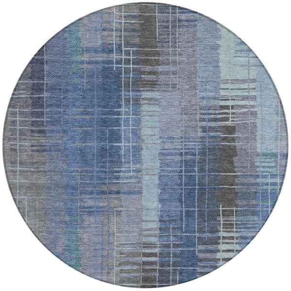 HomeRoots 8' Denim Blue & Sky Blue Round Striped Washable Area Rug – Stylish, Durable, Perfect for Indoors & Outdoors! 640884