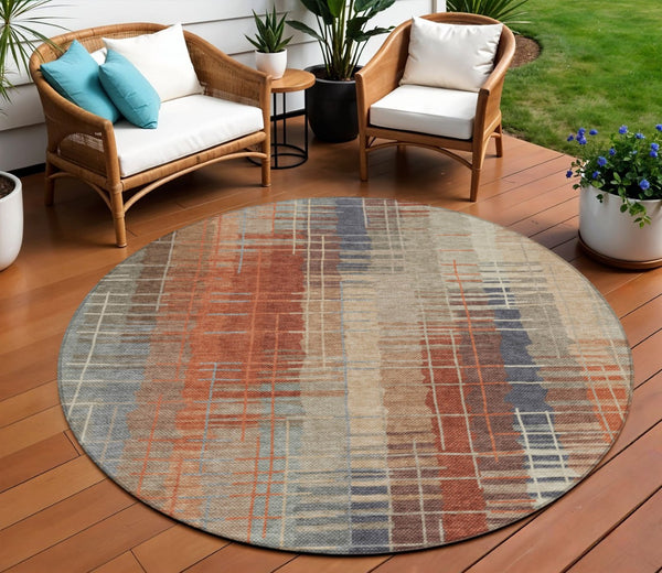HomeRoots 8' Khaki and Rust Striped Round Area Rug - Durable, Washable Indoor/Outdoor Accent for Any Space! 640890