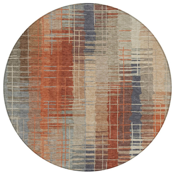 HomeRoots 8' Khaki and Rust Striped Round Area Rug - Durable, Washable Indoor/Outdoor Accent for Any Space! 640890