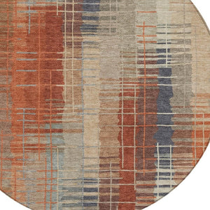 HomeRoots 8' Khaki and Rust Striped Round Area Rug - Durable, Washable Indoor/Outdoor Accent for Any Space! 640890