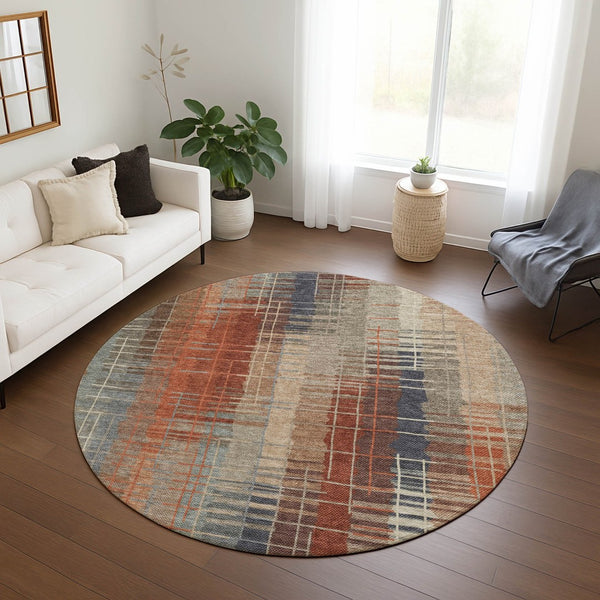HomeRoots 8' Khaki and Rust Striped Round Area Rug - Durable, Washable Indoor/Outdoor Accent for Any Space! 640890