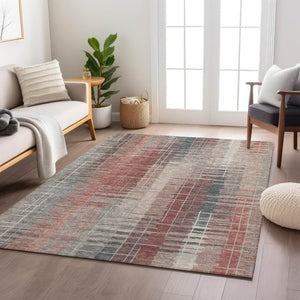 HomeRoots 9' X 12' Washable Rust, Ivory & Gray Striped Area Rug - Durable Indoor/Outdoor Style for Any Space 640898
