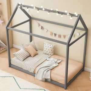 English Elm Twin House Bed Pine Wood Frame with Peaked Roofline Low Profile Kids Bedroom WF197557AAE