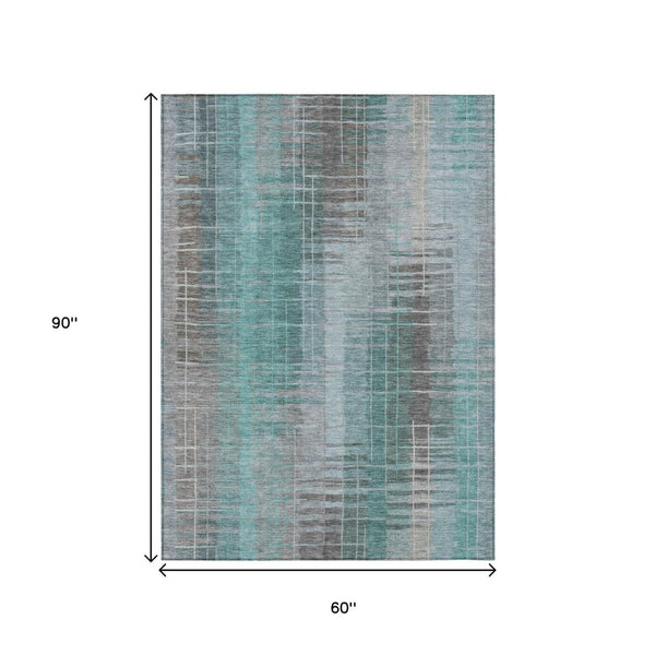 HomeRoots 5' Striped Pale Aqua and Gray Area Rug - Washable, Durable Indoor/Outdoor Design for Easy Living 640901
