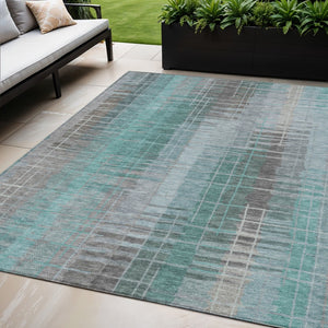 HomeRoots 5' Striped Pale Aqua and Gray Area Rug - Washable, Durable Indoor/Outdoor Design for Easy Living 640901