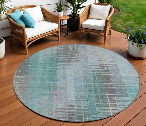 HomeRoots 8' Pale Aqua and Gray Round Striped Area Rug - Stylish, Durable, Washable for Indoors & Outdoors! 640902