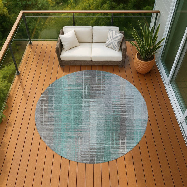 HomeRoots 8' Pale Aqua and Gray Round Striped Area Rug - Stylish, Durable, Washable for Indoors & Outdoors! 640902