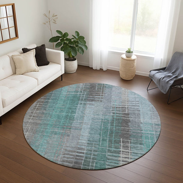 HomeRoots 8' Pale Aqua and Gray Round Striped Area Rug - Stylish, Durable, Washable for Indoors & Outdoors! 640902