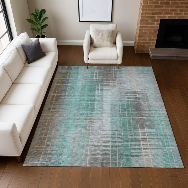 HomeRoots 8' X 10' Washable Coastal Striped Area Rug in Pale Aqua & Gray – Perfect for Indoor & Outdoor Use! 640903