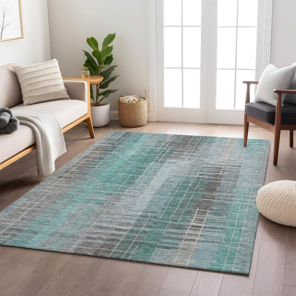 HomeRoots 8' X 10' Washable Coastal Striped Area Rug in Pale Aqua & Gray – Perfect for Indoor & Outdoor Use! 640903
