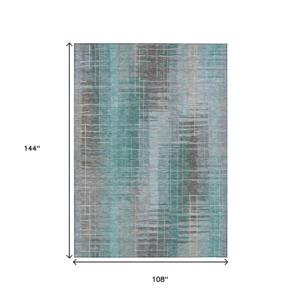 HomeRoots 9' X 12' Striped Washable Area Rug in Pale Aqua & Gray - Durable, Stylish for Indoor & Outdoor Use 640904
