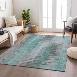 HomeRoots 9' X 12' Striped Washable Area Rug in Pale Aqua & Gray - Durable, Stylish for Indoor & Outdoor Use 640904