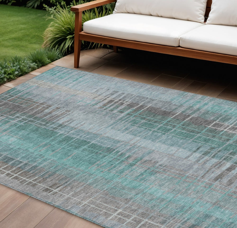 HomeRoots 10' Coastal-Inspired Aqua & Gray Striped Washable Area Rug for Indoor/Outdoor High-Traffic Use 640905