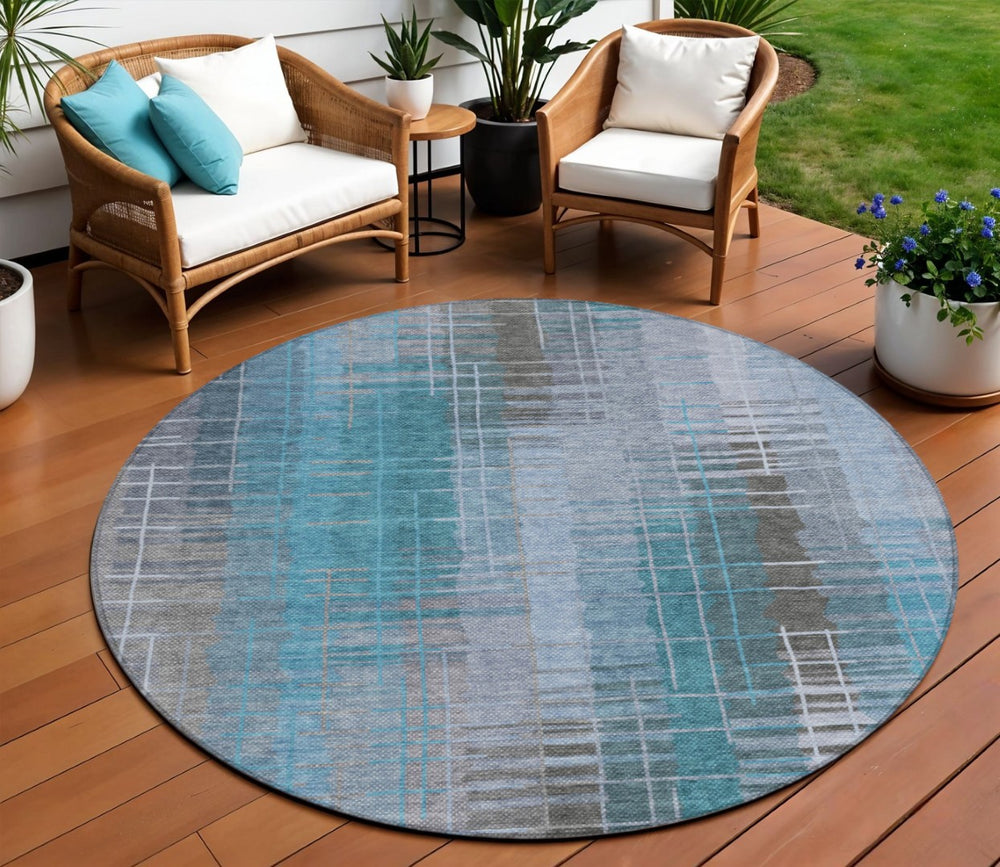 HomeRoots 8' Teal Blue and Gray Round Striped Area Rug – Stylish, Durable, Washable for Indoor & Outdoor Use 640908