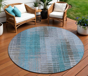 HomeRoots 8' Teal Blue and Gray Round Striped Area Rug – Stylish, Durable, Washable for Indoor & Outdoor Use 640908