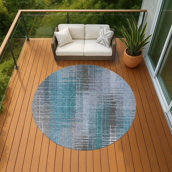 HomeRoots 8' Teal Blue and Gray Round Striped Area Rug – Stylish, Durable, Washable for Indoor & Outdoor Use 640908