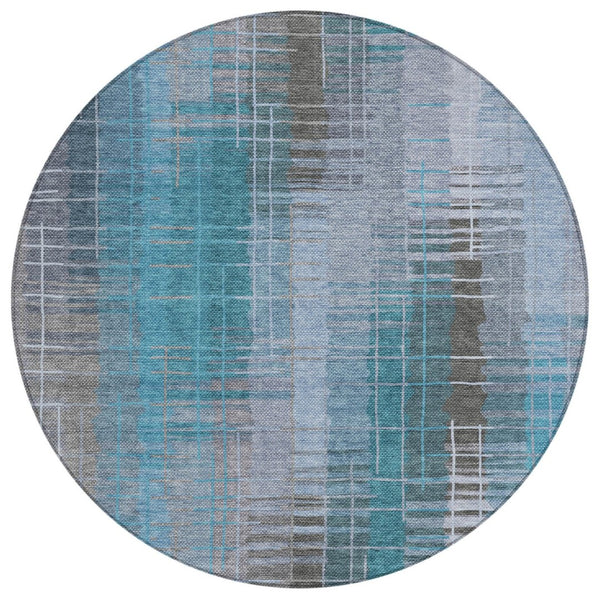 HomeRoots 8' Teal Blue and Gray Round Striped Area Rug – Stylish, Durable, Washable for Indoor & Outdoor Use 640908