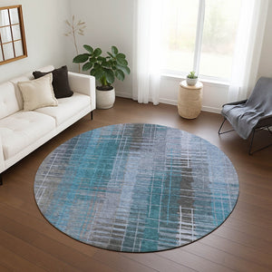 HomeRoots 8' Teal Blue and Gray Round Striped Area Rug – Stylish, Durable, Washable for Indoor & Outdoor Use 640908