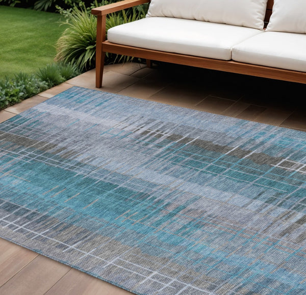 HomeRoots 9' X 12' Teal Blue and Gray Striped Rug – Washable, Durable, Indoor-Outdoor Area Rug for Every Space! 640910
