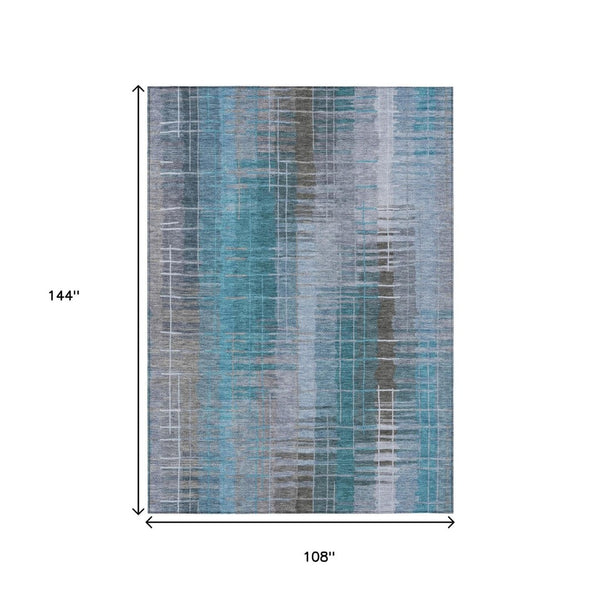 HomeRoots 9' X 12' Teal Blue and Gray Striped Rug – Washable, Durable, Indoor-Outdoor Area Rug for Every Space! 640910
