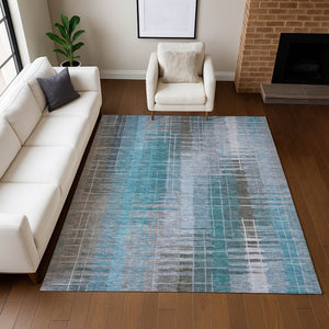 HomeRoots 9' X 12' Teal Blue and Gray Striped Rug – Washable, Durable, Indoor-Outdoor Area Rug for Every Space! 640910