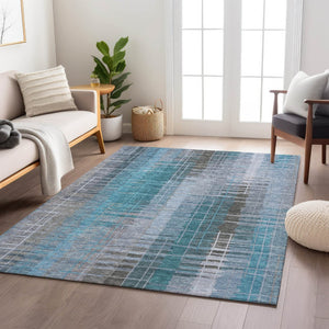 HomeRoots 9' X 12' Teal Blue and Gray Striped Rug – Washable, Durable, Indoor-Outdoor Area Rug for Every Space! 640910