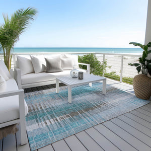 HomeRoots 9' X 12' Teal Blue and Gray Striped Rug – Washable, Durable, Indoor-Outdoor Area Rug for Every Space! 640910
