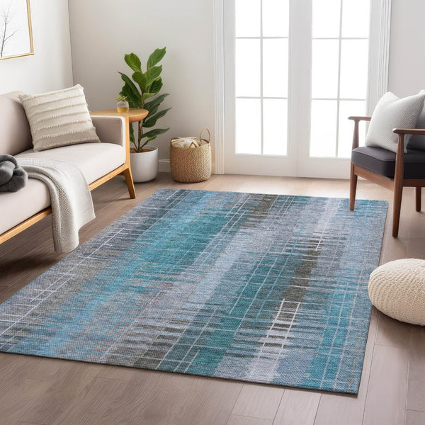 HomeRoots 10' Teal Blue and Gray Striped Washable Outdoor Rug - Durable, Stylish, Machine-Woven for Versatile Use 640911