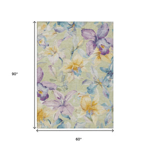 HomeRoots 5' Artichoke Green Floral Washable Area Rug – Durable Indoor/Outdoor Design, Easy Care & Stain-Resistant 640913