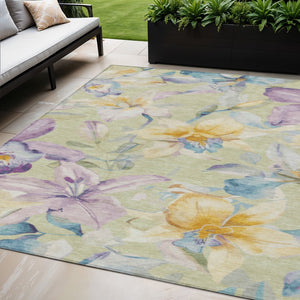 HomeRoots 5' Artichoke Green Floral Washable Area Rug – Durable Indoor/Outdoor Design, Easy Care & Stain-Resistant 640913