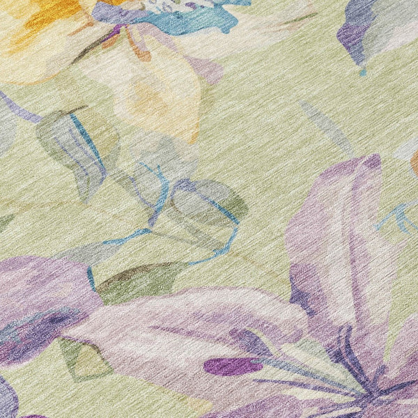 HomeRoots 5' Artichoke Green Floral Washable Area Rug – Durable Indoor/Outdoor Design, Easy Care & Stain-Resistant 640913