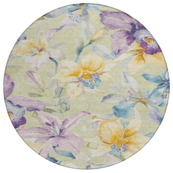 HomeRoots 8' Elegant Artichoke Green Floral Area Rug - Washable, Durable, Indoor/Outdoor Design for All Spaces 640914