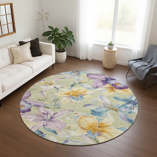 HomeRoots 8' Elegant Artichoke Green Floral Area Rug - Washable, Durable, Indoor/Outdoor Design for All Spaces 640914