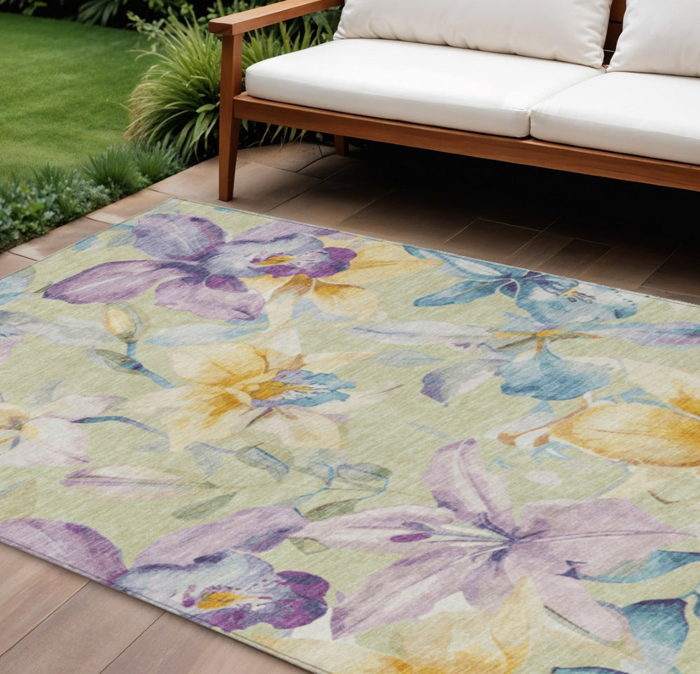 HomeRoots 8' X 10' Floral Washable Area Rug in Artichoke Green, Gold & Lavender – Perfect for Indoor & Outdoor Use! 640915