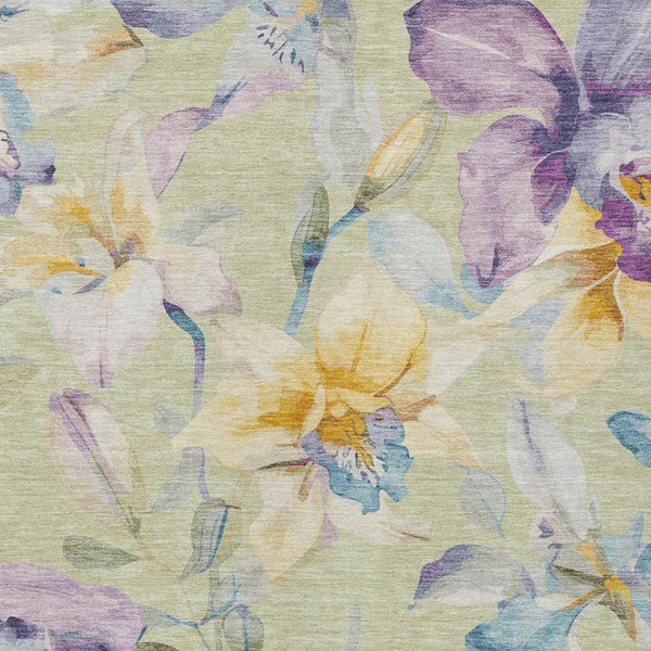 HomeRoots 8' X 10' Floral Washable Area Rug in Artichoke Green, Gold & Lavender – Perfect for Indoor & Outdoor Use! 640915