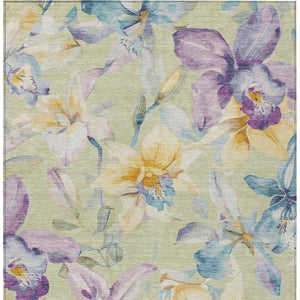 HomeRoots 9' X 12' Elegant Floral Washable Area Rug in Artichoke Green, Gold, and Lavender for Indoor/Outdoor Use 640916