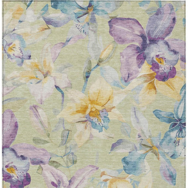 HomeRoots 9' X 12' Elegant Floral Washable Area Rug in Artichoke Green, Gold, and Lavender for Indoor/Outdoor Use 640916