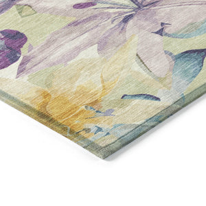 HomeRoots 9' X 12' Elegant Floral Washable Area Rug in Artichoke Green, Gold, and Lavender for Indoor/Outdoor Use 640916