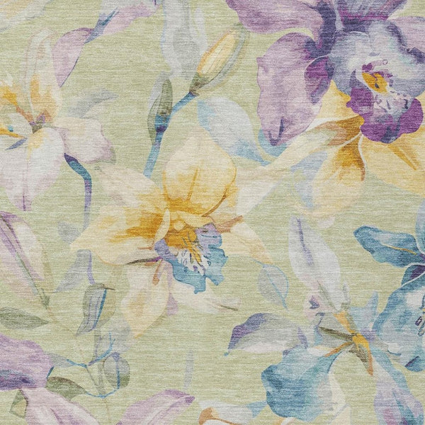 HomeRoots 9' X 12' Elegant Floral Washable Area Rug in Artichoke Green, Gold, and Lavender for Indoor/Outdoor Use 640916
