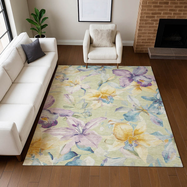 HomeRoots 9' X 12' Elegant Floral Washable Area Rug in Artichoke Green, Gold, and Lavender for Indoor/Outdoor Use 640916