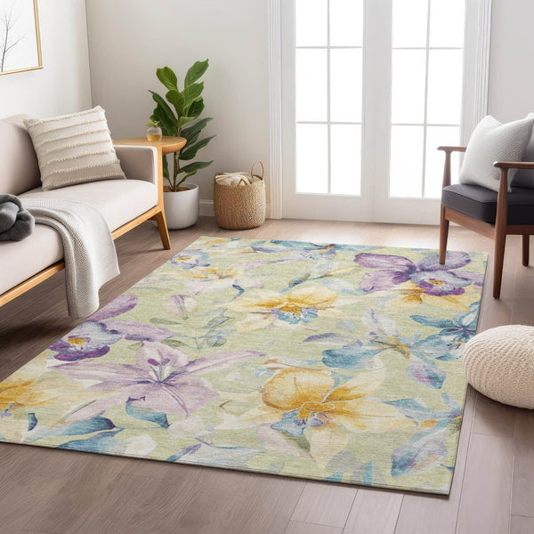 HomeRoots 9' X 12' Elegant Floral Washable Area Rug in Artichoke Green, Gold, and Lavender for Indoor/Outdoor Use 640916